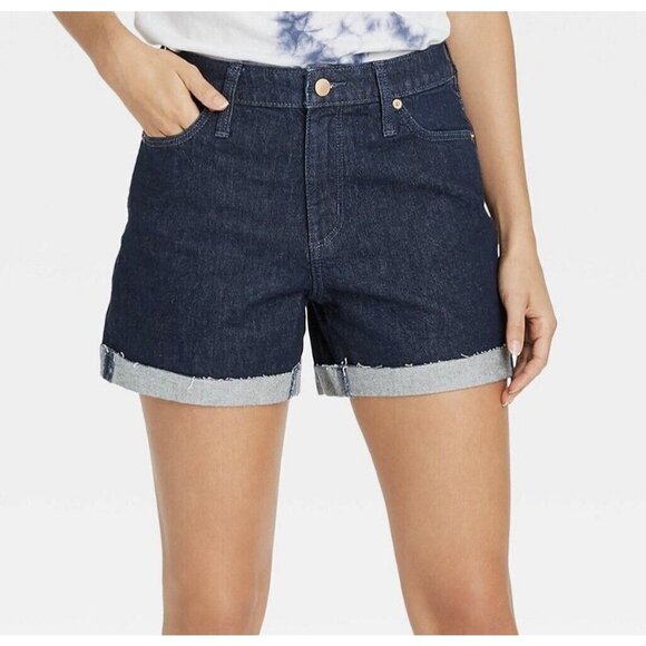 Universal Thread Size 8 Dark Blue Denim Vintage Midi Shorts Raw Hem Cuffed - Picture 1 of 7